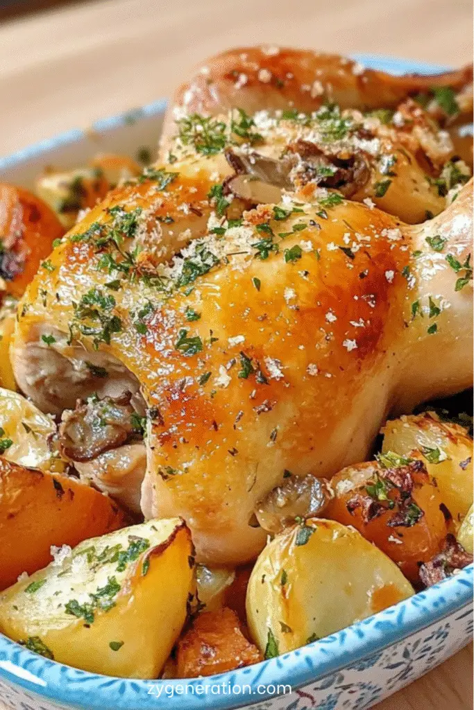 Poulet rôti doré au beurre de cèpes et ail, entouré de pommes de terre et carottes rôties.