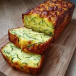 Pain de courgette et fromage moelleux, tranché, servi sur planche en bois avec salade