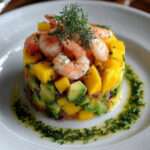 Tartare de crevettes, avocat et mangue dressé en cercle, décoré de feuilles de coriandre et de quartiers de citron vert.