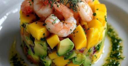 Tartare de crevettes, avocat et mangue dressé en cercle, décoré de feuilles de coriandre et de quartiers de citron vert.