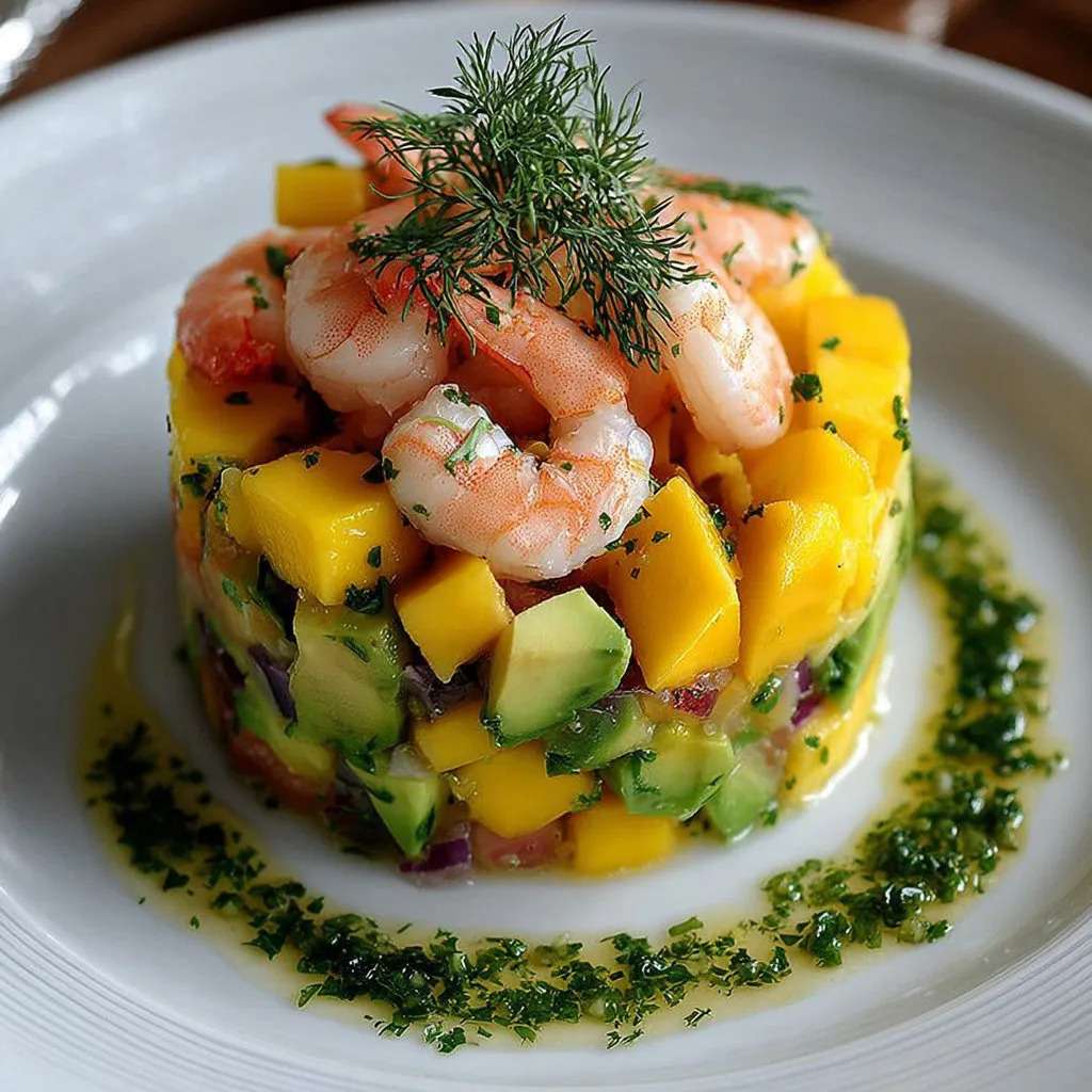 Tartare de crevettes, avocat et mangue dressé en cercle, décoré de feuilles de coriandre et de quartiers de citron vert.