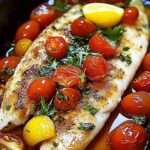 Filets de poisson méditerranéen cuits au four, entourés de tomates cerises rôties, quartiers de citron, herbes fraîches et huile d’olive.