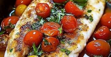 Filets de poisson méditerranéen cuits au four, entourés de tomates cerises rôties, quartiers de citron, herbes fraîches et huile d’olive.