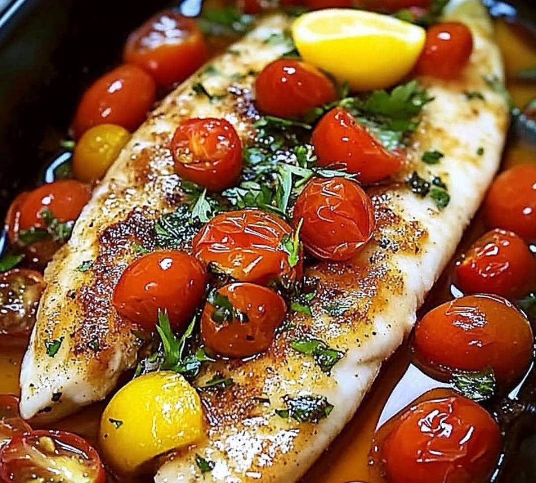 Filets de poisson méditerranéen cuits au four, entourés de tomates cerises rôties, quartiers de citron, herbes fraîches et huile d’olive.