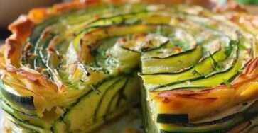 Tranches de gâteau invisible aux courgettes, bien dorées, montrant de fines couches de courgettes dans une pâte fondante, servies sur une assiette.