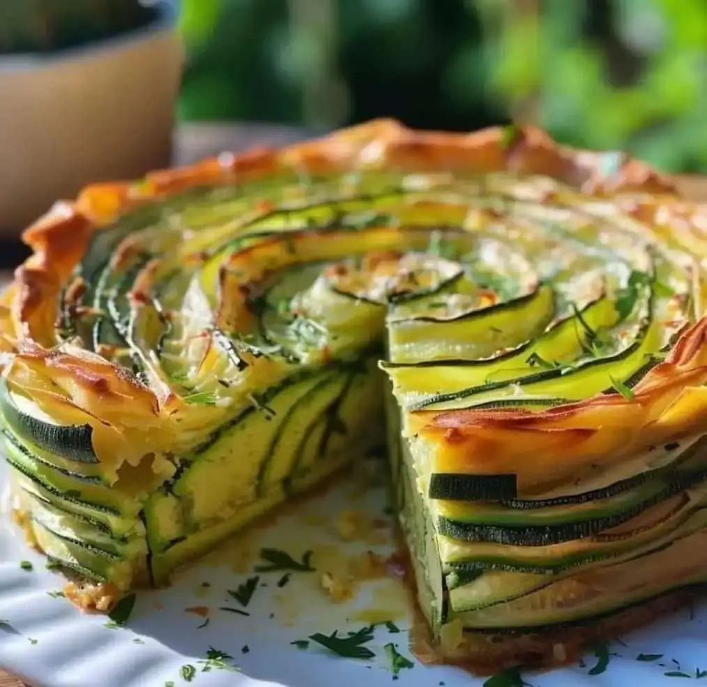 Tranches de gâteau invisible aux courgettes, bien dorées, montrant de fines couches de courgettes dans une pâte fondante, servies sur une assiette.