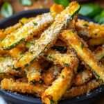 Bâtonnets de courgette panés au parmesan, dorés au four, servis avec une sauce légère sur une assiette blanche.