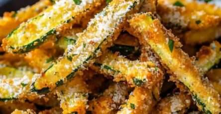 Bâtonnets de courgette panés au parmesan, dorés au four, servis avec une sauce légère sur une assiette blanche.