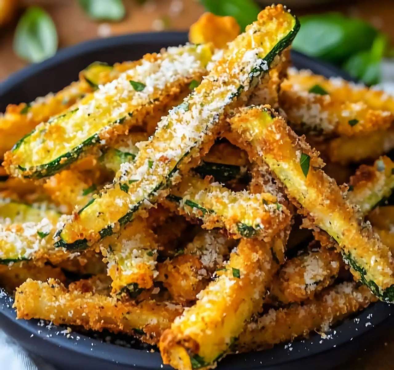 Bâtonnets de courgette panés au parmesan, dorés au four, servis avec une sauce légère sur une assiette blanche.