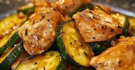 Morceaux de poulet dorés, courgettes et poivrons sautés, nappés d’une sauce soja brillante, servis dans une assiette blanche sur fond boisé.