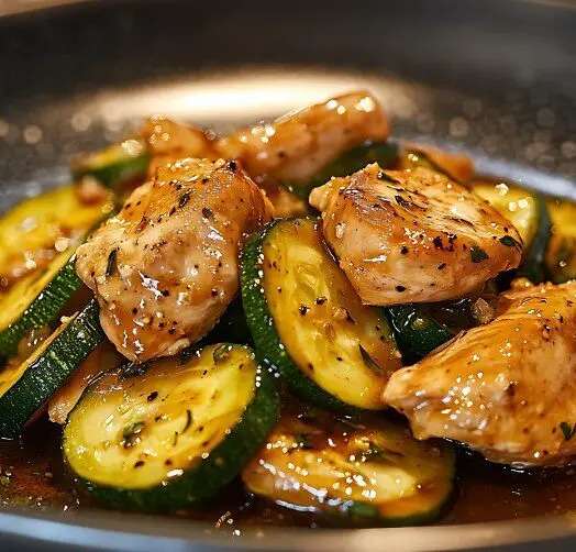 Morceaux de poulet dorés, courgettes et poivrons sautés, nappés d’une sauce soja brillante, servis dans une assiette blanche sur fond boisé.