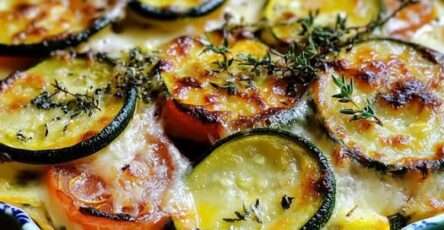 Gratin de courgettes et tomates doré au four, avec fromage gratiné, thym frais et légumes en couches, servi dans un plat familial.