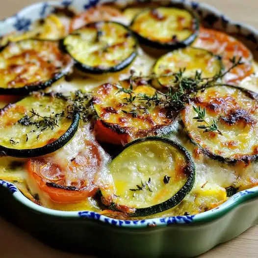 Gratin de courgettes et tomates doré au four, avec fromage gratiné, thym frais et légumes en couches, servi dans un plat familial.