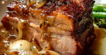 Rouelle de porc cuite en cocotte nappée d’une sauce aux oignons caramélisés et à l’ail confit