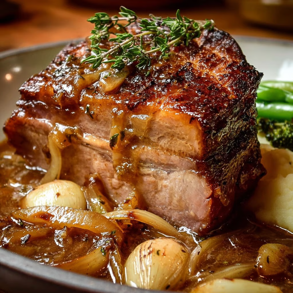 Rouelle de porc cuite en cocotte nappée d’une sauce aux oignons caramélisés et à l’ail confit