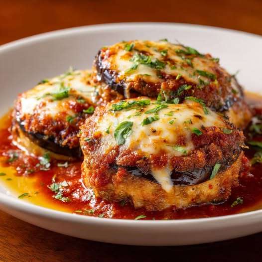 Galettes de porc alla parmigiana gratinées avec linguines à l’ail servies dans une assiette creuse