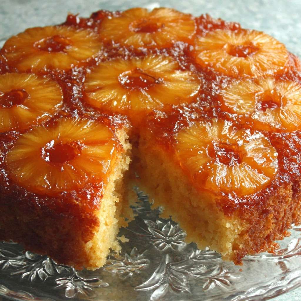 Gâteau renversé à l’ananas caramélisé doré, présenté sur un plat de service.