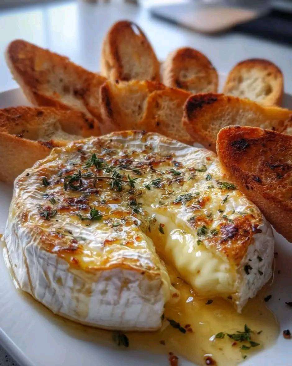 Camembert cuit au four nappé de miel et de thym, coulant et servi avec des tranches de baguette grillées.