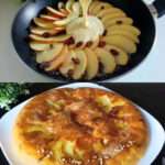 Gâteau aux pommes moelleux cuit à la poêle, garni de confiture d’abricots et d’amandes hachées.