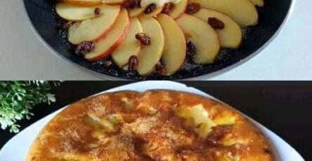 Gâteau aux pommes moelleux cuit à la poêle, garni de confiture d’abricots et d’amandes hachées.