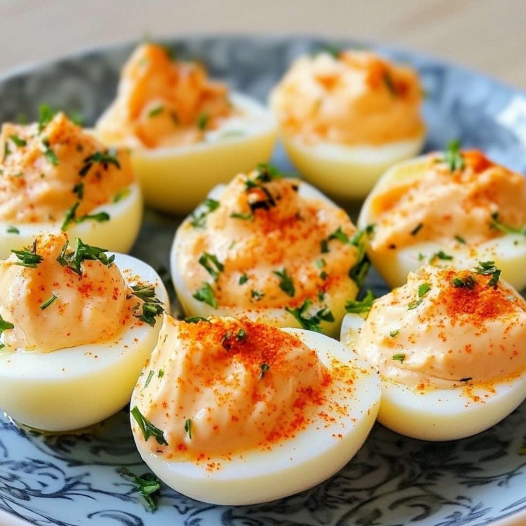 Œufs mimosa garnis de jaune crémeux, saupoudrés de paprika et de ciboulette ciselée sur un plat.