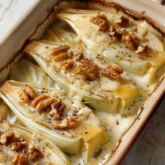 Gratin d’Endives au Roquefort chaud, gratiné, sauce onctueuse