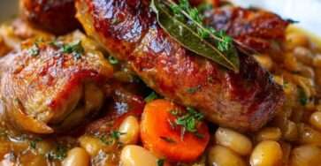 Cassoulet traditionnel servi dans une cocotte en fonte avec haricots blancs, cuisses de canard confites et saucisses de Toulouse dorées.