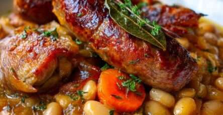 Cassoulet traditionnel servi dans une cocotte en fonte avec haricots blancs, cuisses de canard confites et saucisses de Toulouse dorées.