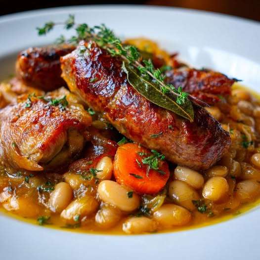 Cassoulet traditionnel servi dans une cocotte en fonte avec haricots blancs, cuisses de canard confites et saucisses de Toulouse dorées.
