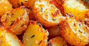Pommes de terre grenaille dorées et croustillantes au parmesan sur une plaque de cuisson.
