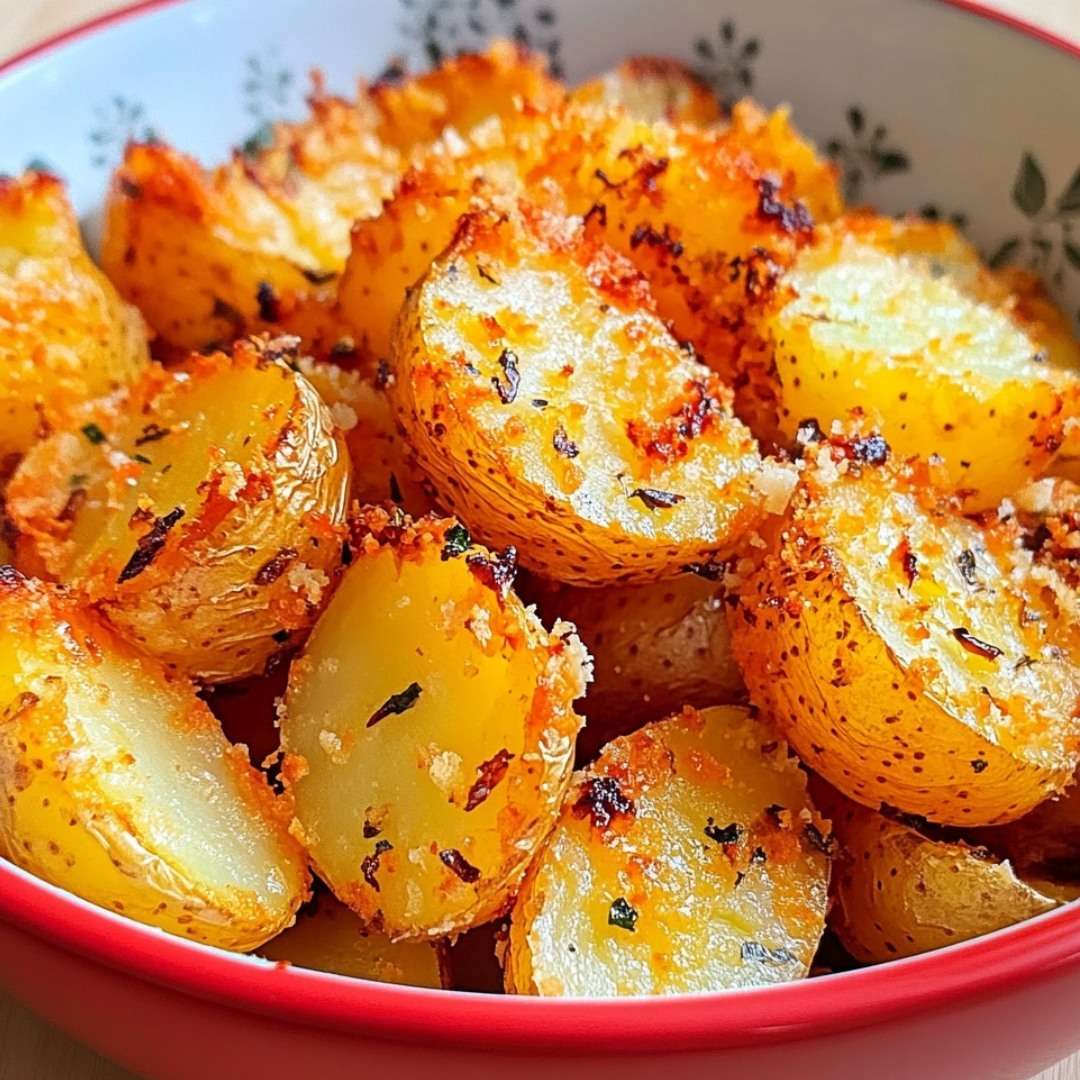 Pommes de terre grenaille dorées et croustillantes au parmesan sur une plaque de cuisson.