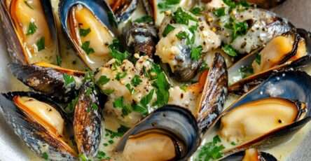 Moules au beurre persillé et ail servies dans une cocotte avec persil frais