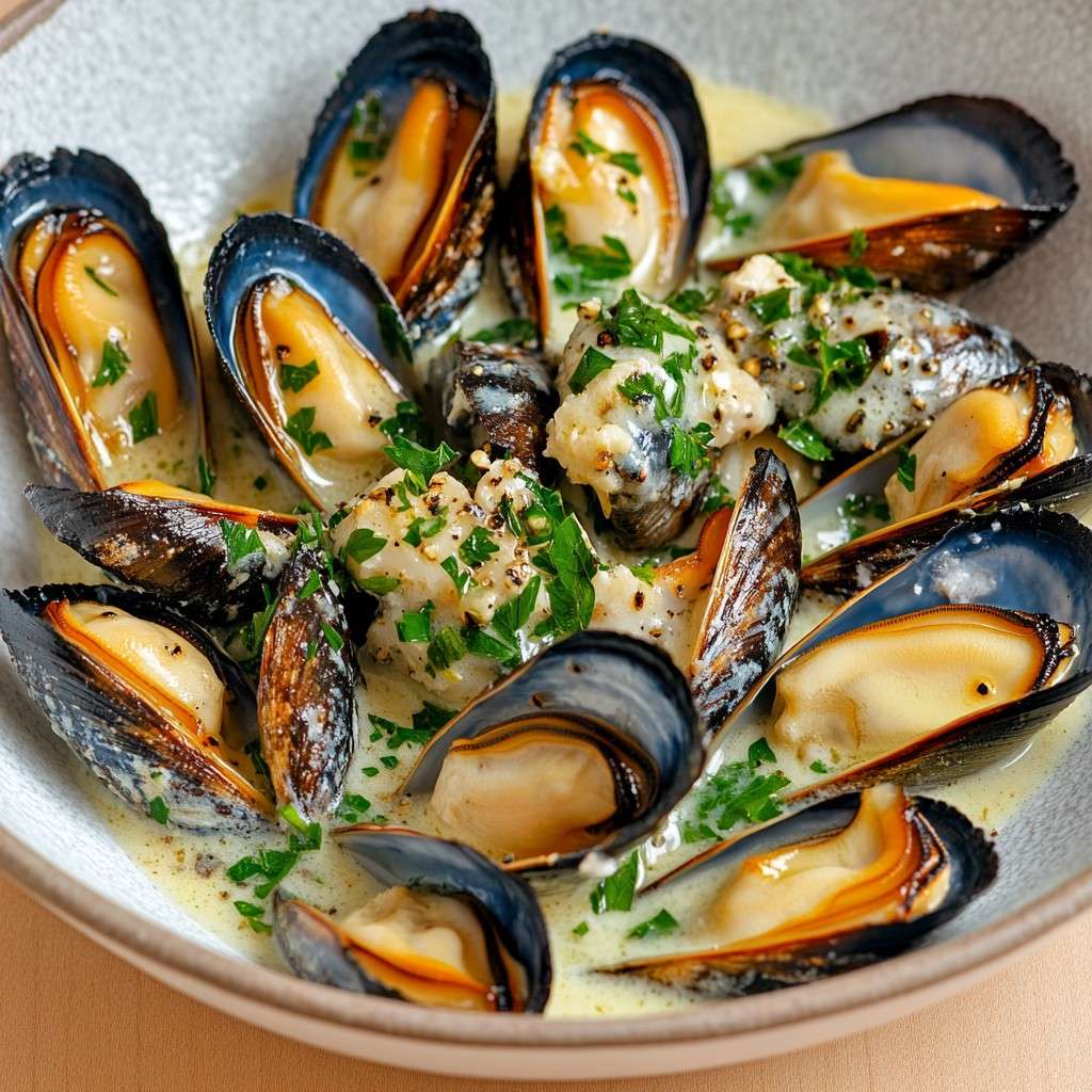 Moules au beurre persillé et ail servies dans une cocotte avec persil frais