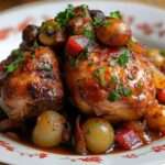 Plat de coq au vin mijoté avec champignons, carottes et lardons
