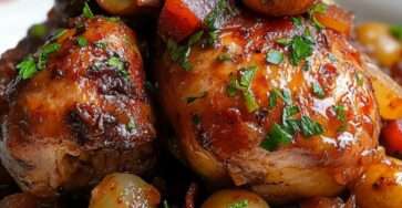 Plat de coq au vin mijoté avec champignons, carottes et lardons