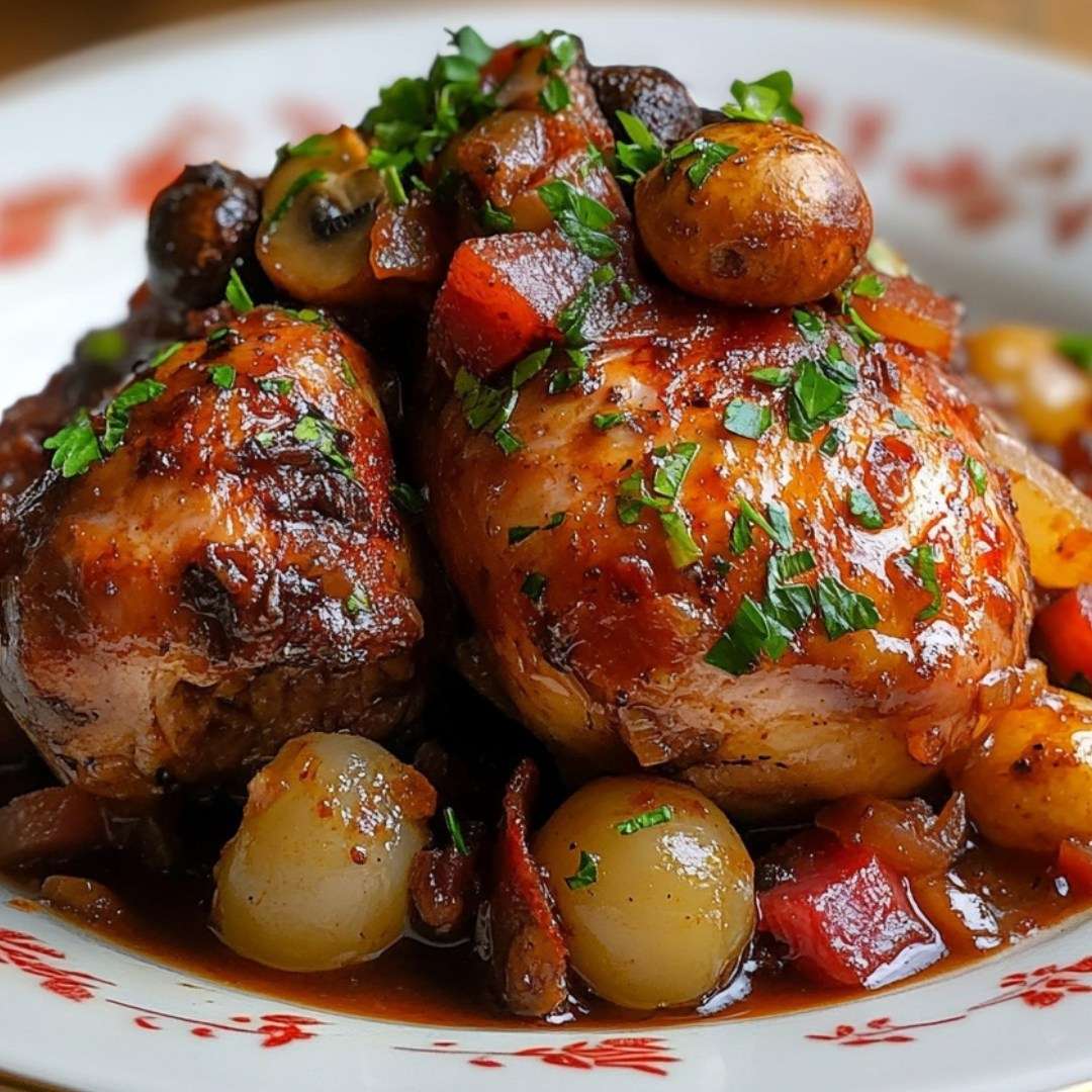 Plat de coq au vin mijoté avec champignons, carottes et lardons