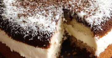 Gâteau moelleux à la noix de coco et crème décoré de chocolat râpé et de coco