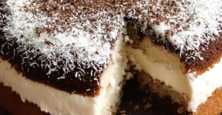 Gâteau moelleux à la noix de coco et crème décoré de chocolat râpé et de coco