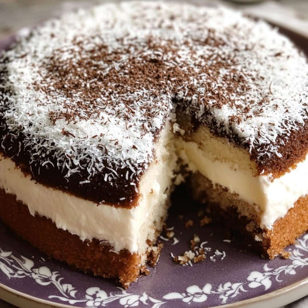 Gâteau moelleux à la noix de coco et crème décoré de chocolat râpé et de coco