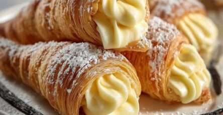 Cornets feuilletés croustillants garnis de crème pâtissière et saupoudrés de sucre glace.