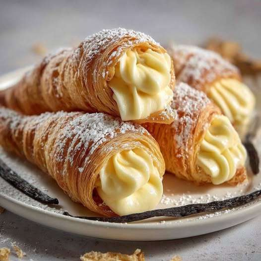 Cornets feuilletés croustillants garnis de crème pâtissière et saupoudrés de sucre glace.