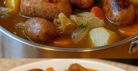 Potée aux saucisses fumées et légumes racines servie dans une cocotte en fonte.