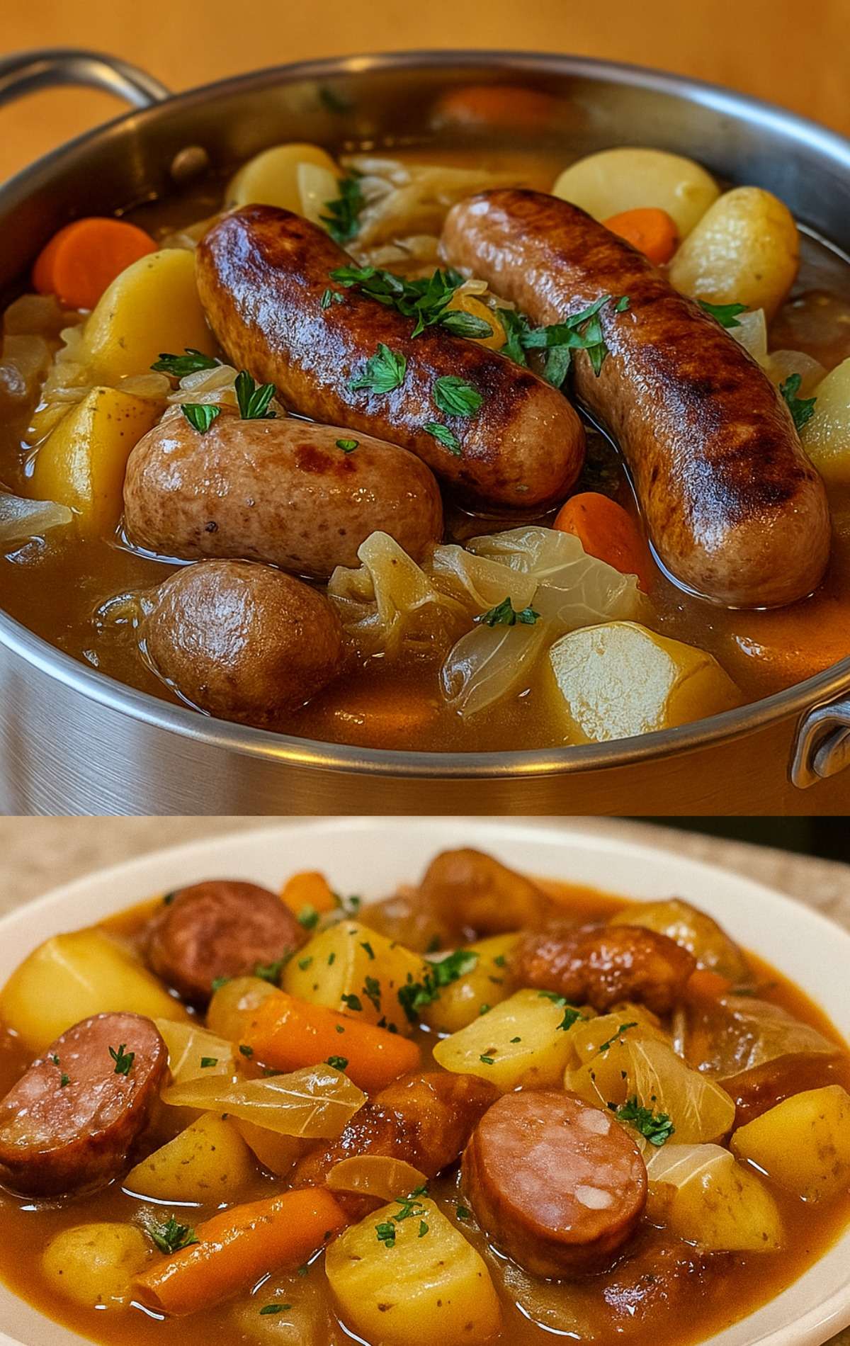 Potée aux saucisses fumées et légumes racines servie dans une cocotte en fonte.