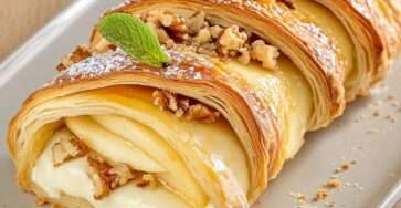 Feuilleté tressé au camembert fondant avec pommes et noix sur une assiette dorée