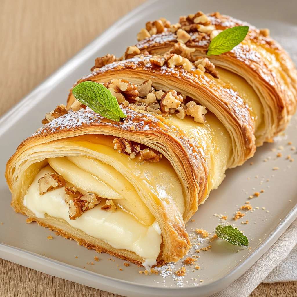 Feuilleté tressé au camembert fondant avec pommes et noix sur une assiette dorée