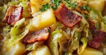 Cocotte de chou mijoté aux pommes de terre et bacon servie fumante à table.