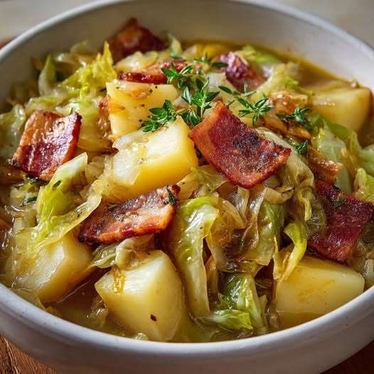 Cocotte de chou mijoté aux pommes de terre et bacon servie fumante à table.
