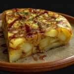 Tranche de tortilla espagnole dorée aux pommes de terre et oignons, servie sur une assiette rustique.