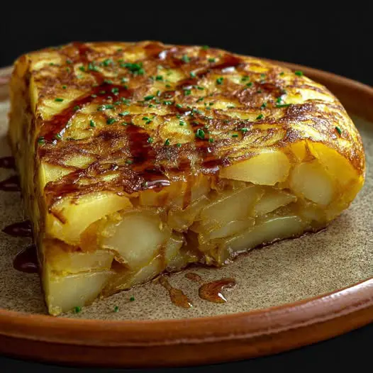 Tranche de tortilla espagnole dorée aux pommes de terre et oignons, servie sur une assiette rustique.