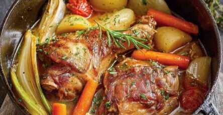 Jarret de porc braisé servi avec légumes fondants dans une cocotte en fonte.